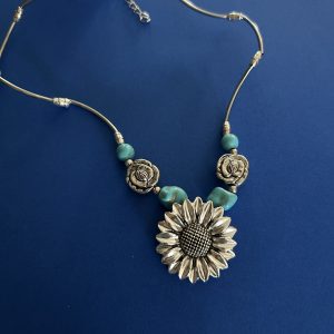 Vintage Southwestern Turquoise and Silver Sunflower Statement Necklace