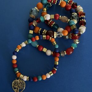 "Boho Beaded Bracelet Stack – Colorful Gemstone Set with Tree of Life Charm"