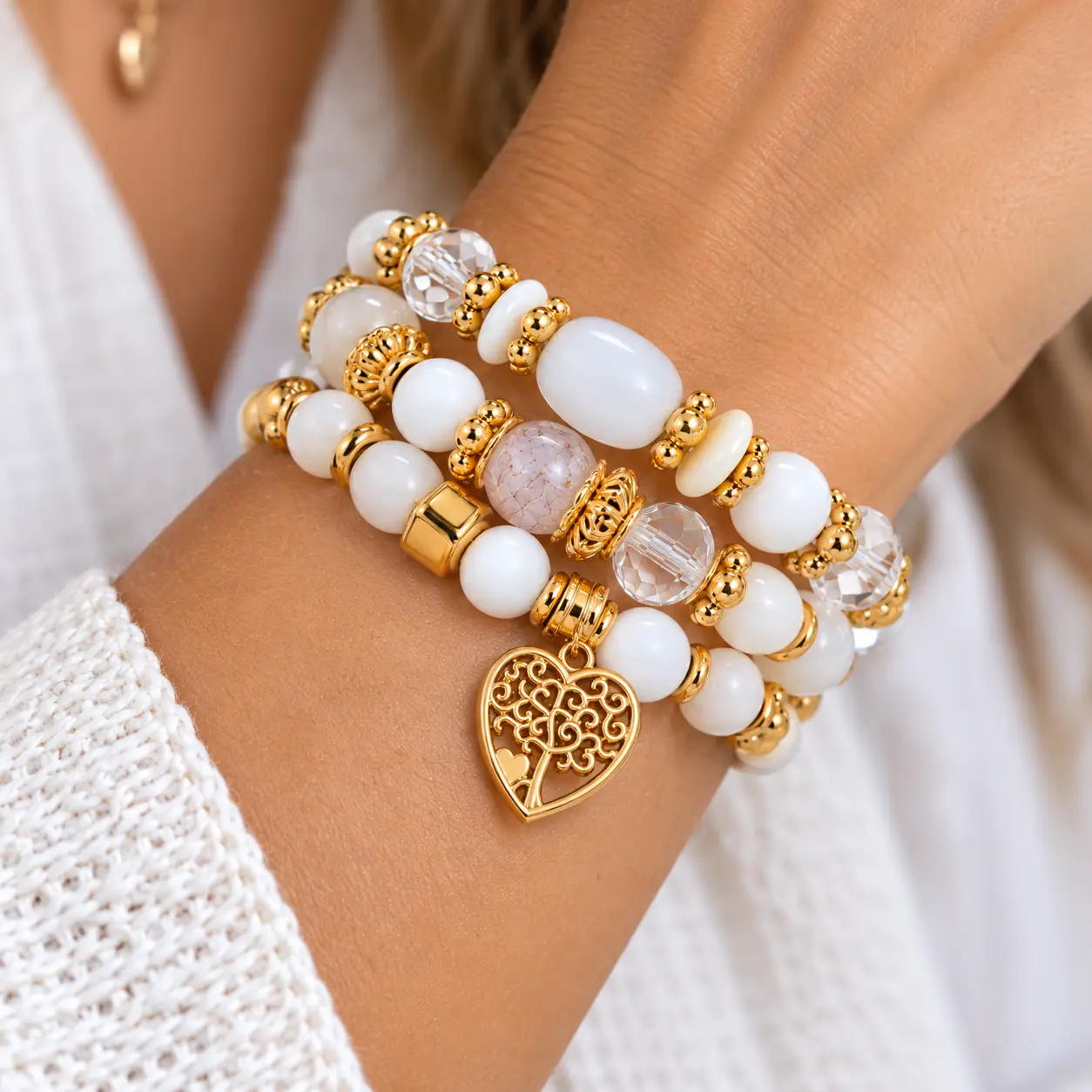 Revital & Renew Tree of Life White & Gold Beaded Stacking Bracelet Set - Image 12