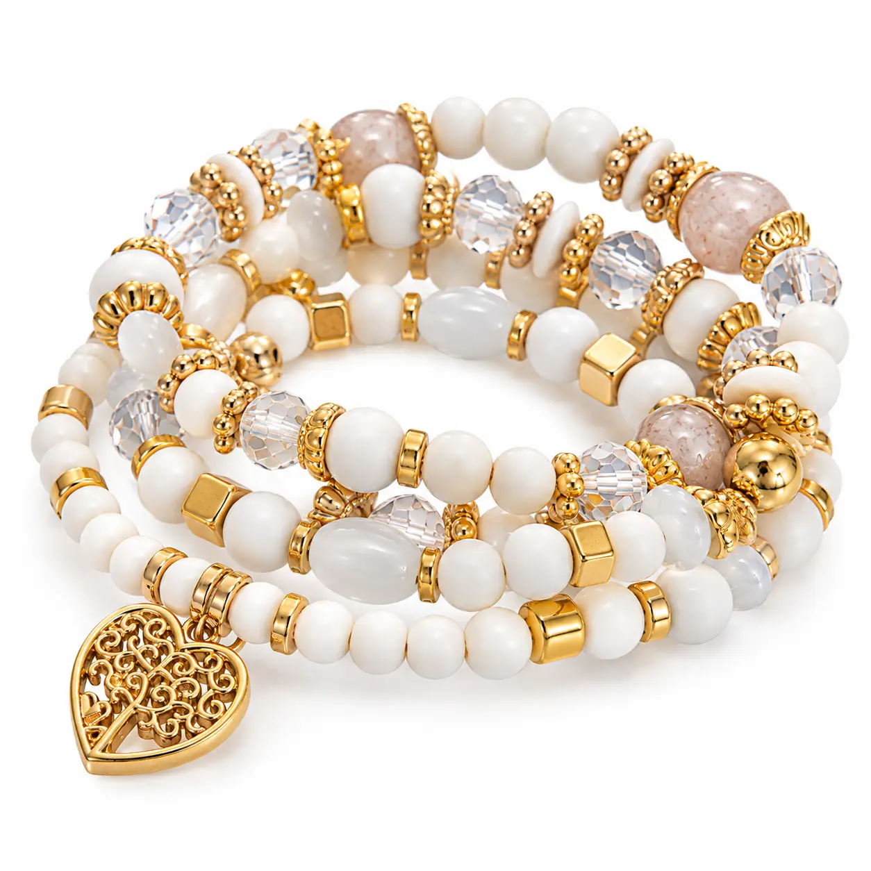 Revital & Renew Tree of Life White & Gold Beaded Stacking Bracelet Set - Image 2
