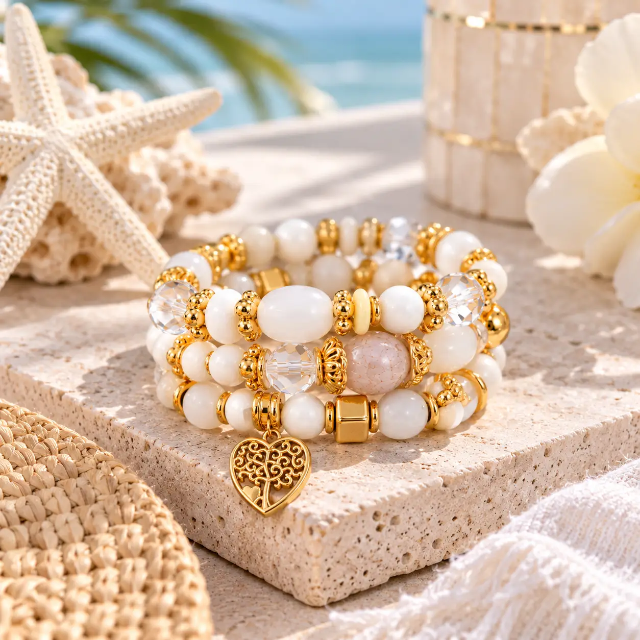 Revital & Renew Tree of Life White & Gold Beaded Stacking Bracelet Set - Image 11