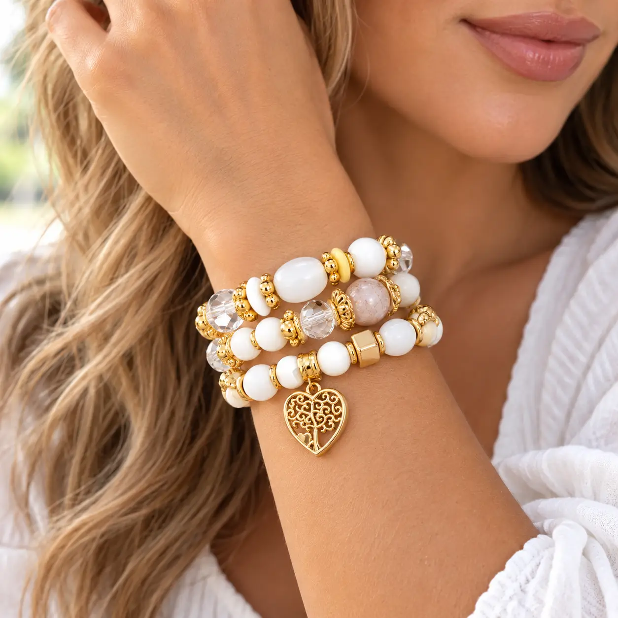 Revital & Renew Tree of Life White & Gold Beaded Stacking Bracelet Set - Image 10