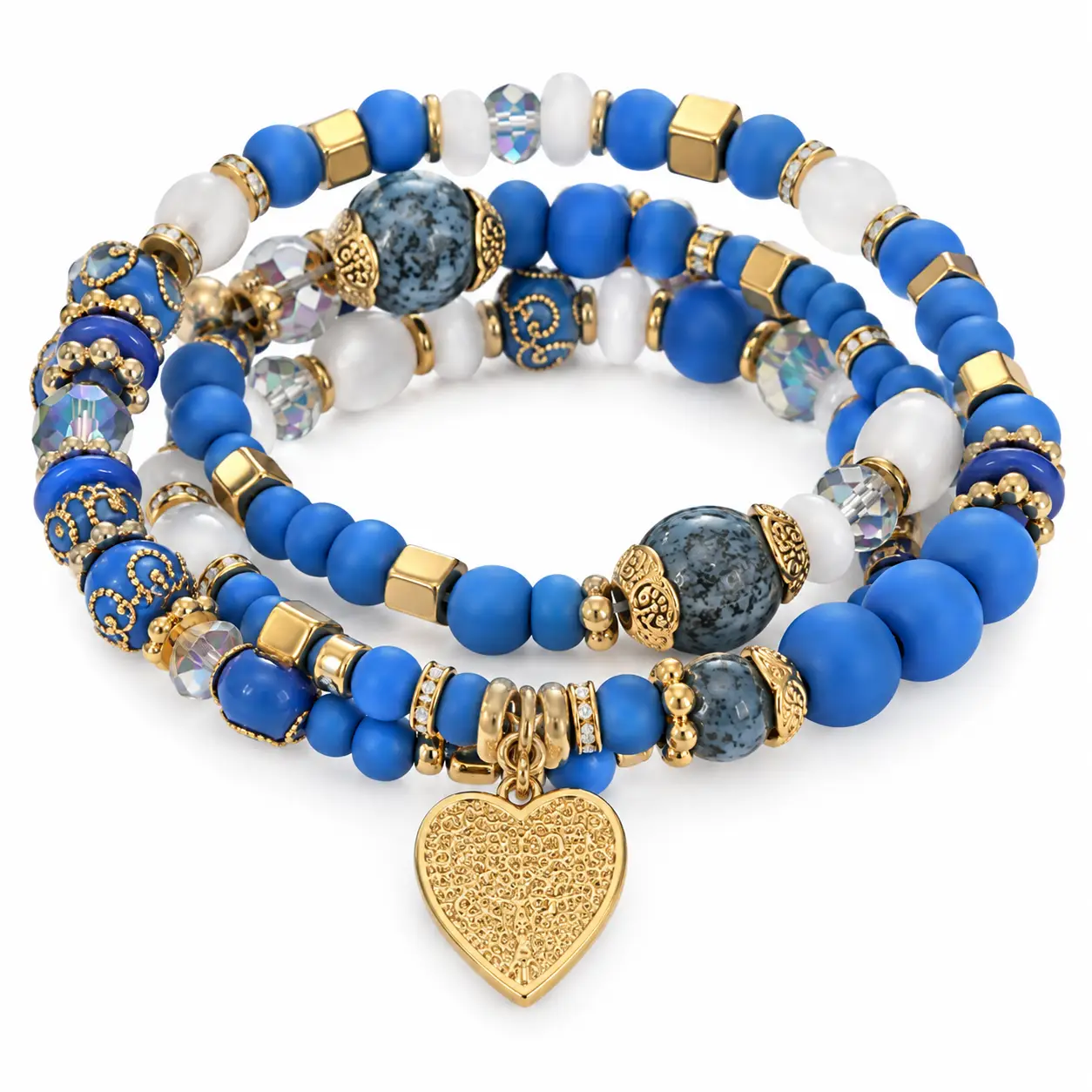 Revital & Renew Bohemian Blue Beaded Stackable Bracelet Set with Tree of Life Heart Charm - Image 3