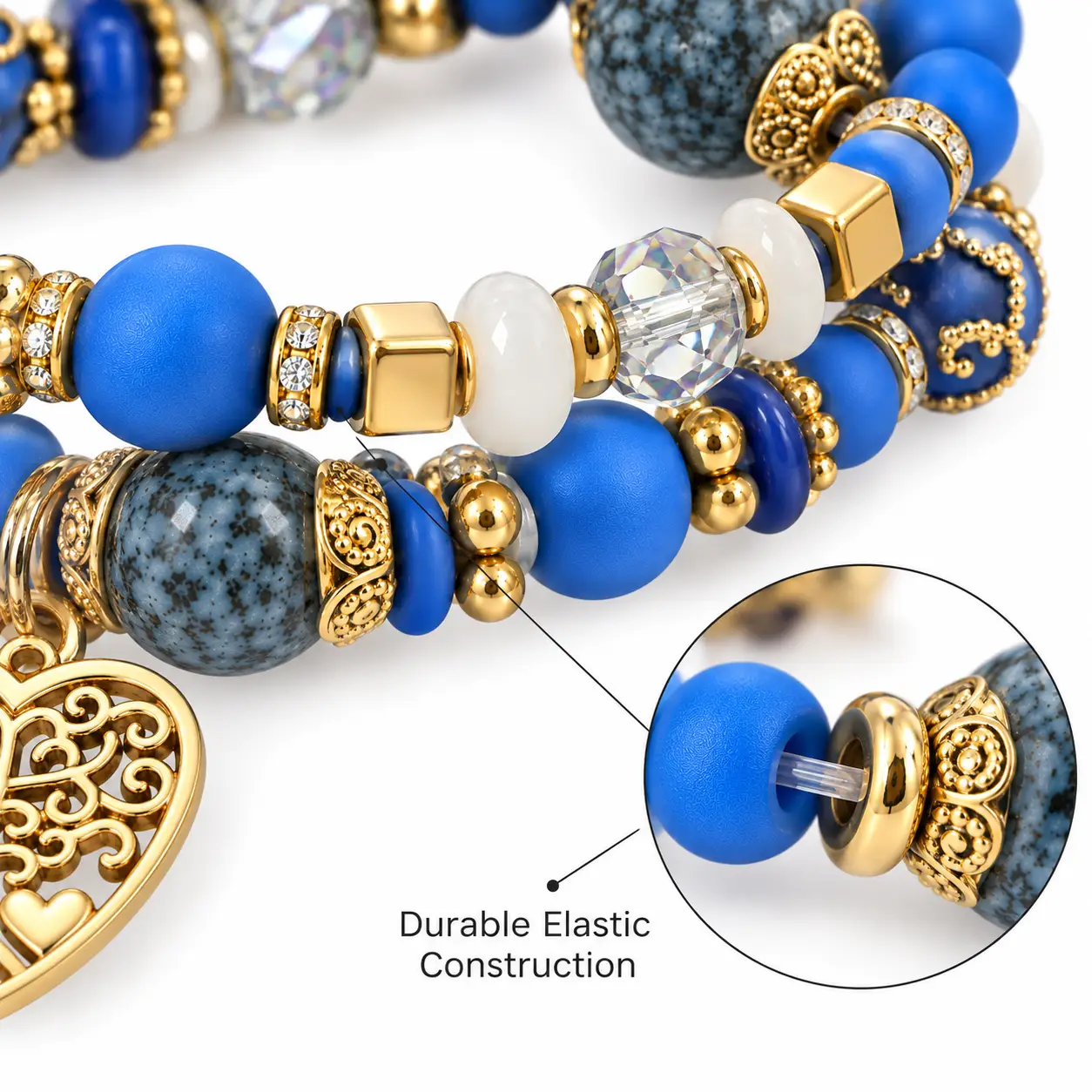 Revital & Renew Bohemian Blue Beaded Stackable Bracelet Set with Tree of Life Heart Charm - Image 8