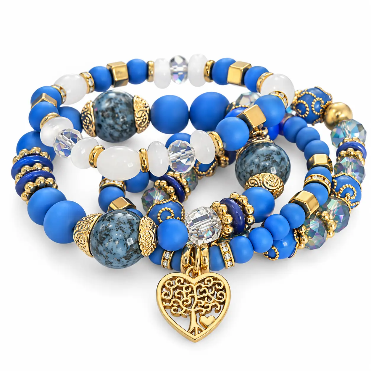 Revital & Renew Bohemian Blue Beaded Stackable Bracelet Set with Tree of Life Heart Charm - Image 2