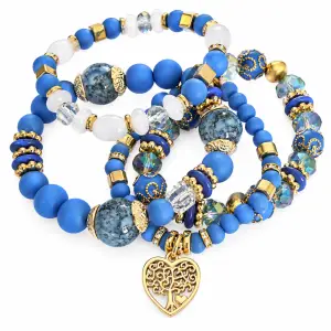 Revital & Renew Bohemian Blue Beaded Stackable Bracelet Set with Tree of Life Heart Charm