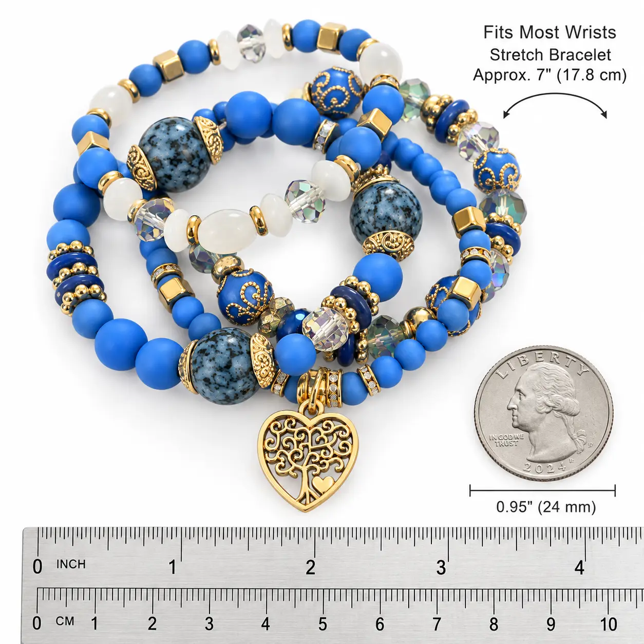 Revital & Renew Bohemian Blue Beaded Stackable Bracelet Set with Tree of Life Heart Charm - Image 9