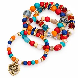 "Boho Beaded Bracelet Stack – Colorful Gemstone Set with Tree of Life Charm"