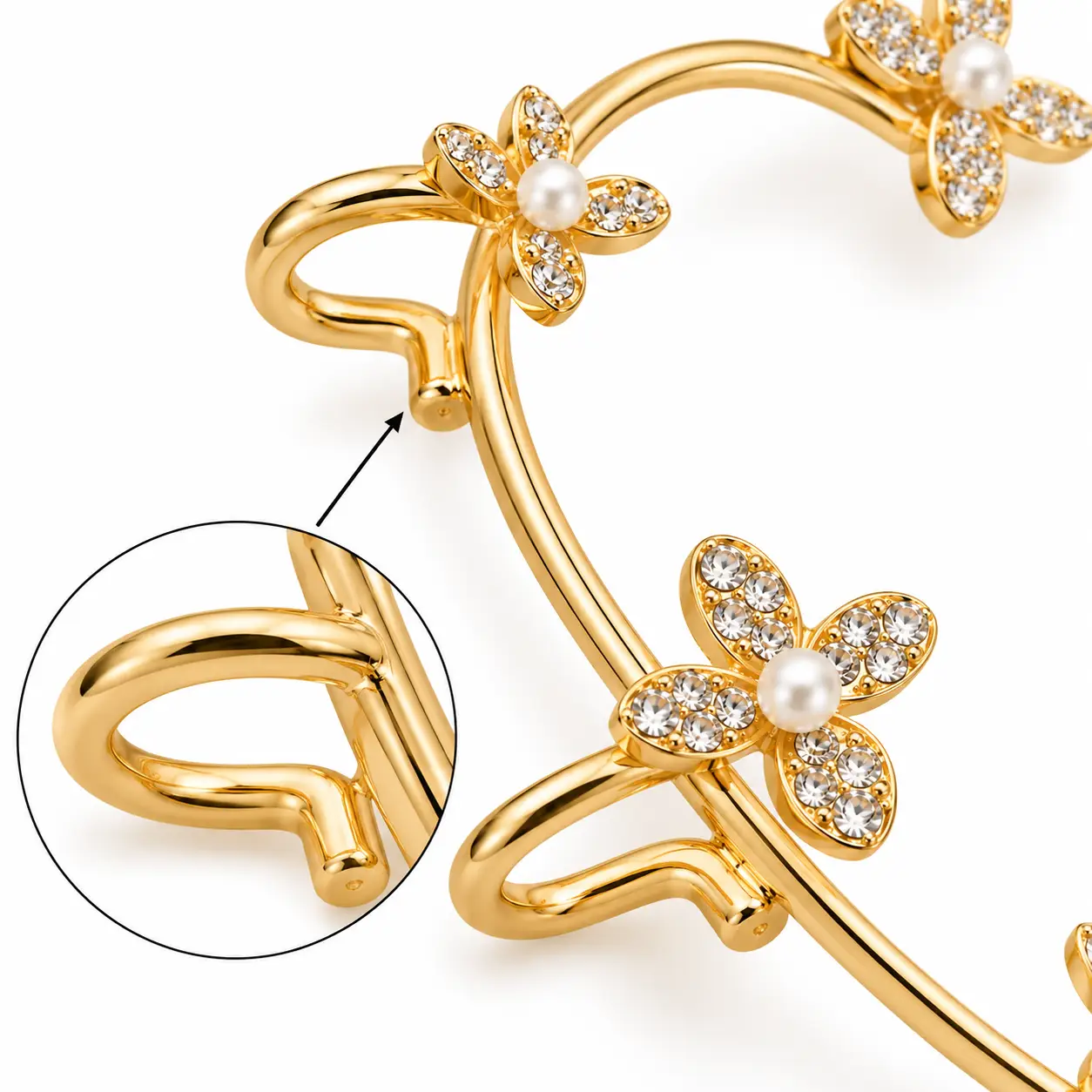 Gold Floral Rhinestone Right Ear Cuff with Pearl Accents – Revital & Renew - Image 5