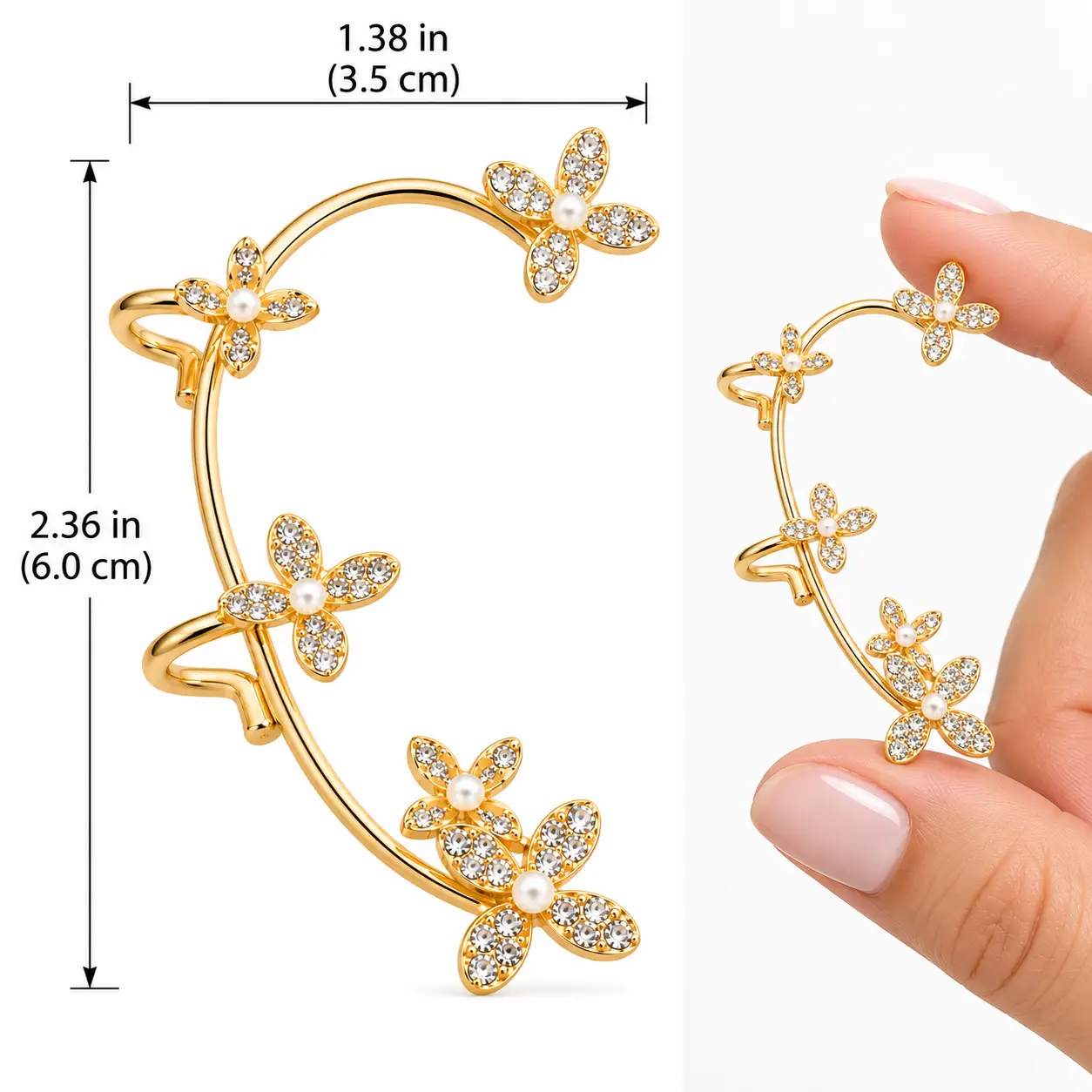 Gold Floral Rhinestone Right Ear Cuff with Pearl Accents – Revital & Renew - Image 7