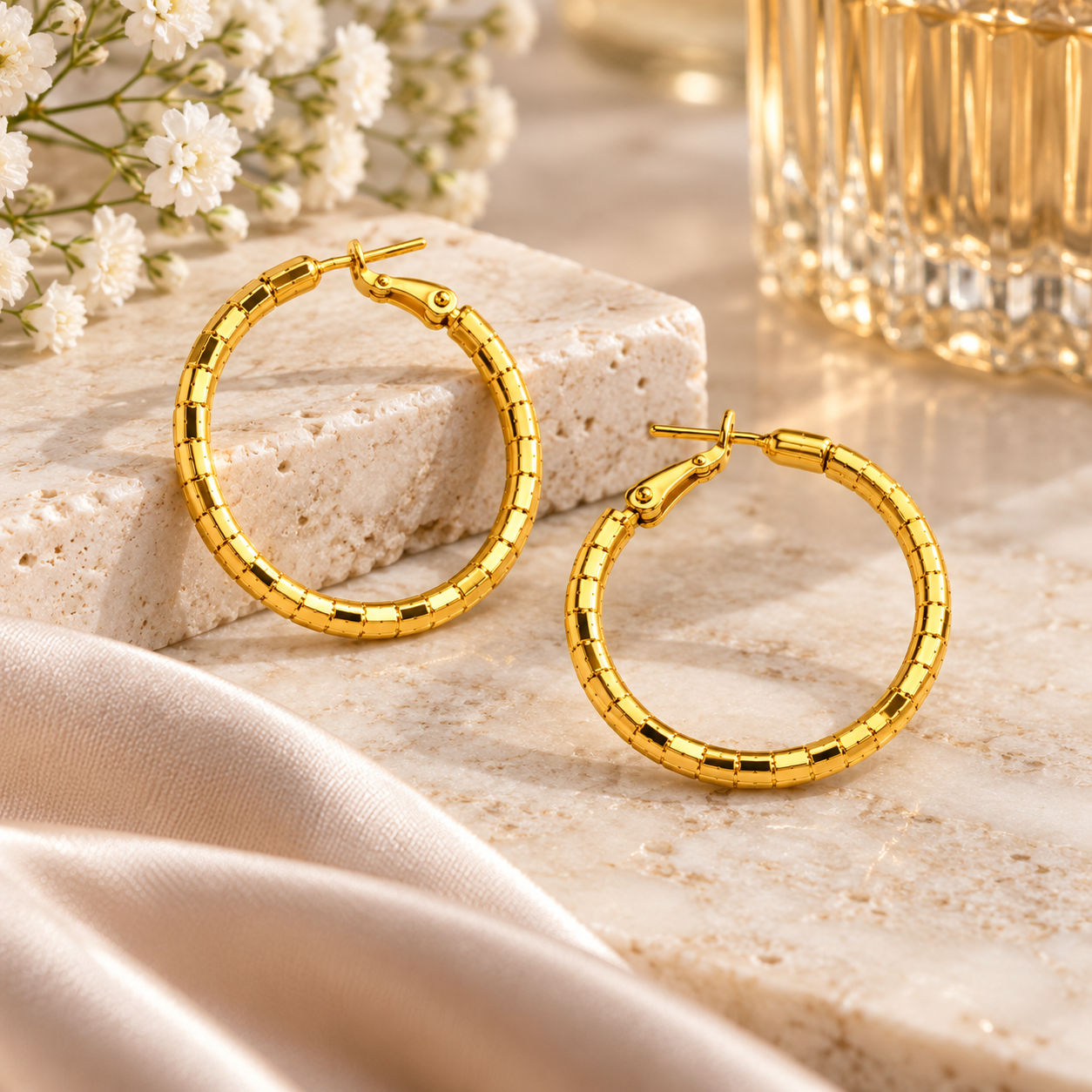 Revital & Renew Textured Gold Hoop Earrings - Medium Faceted Design - Image 9