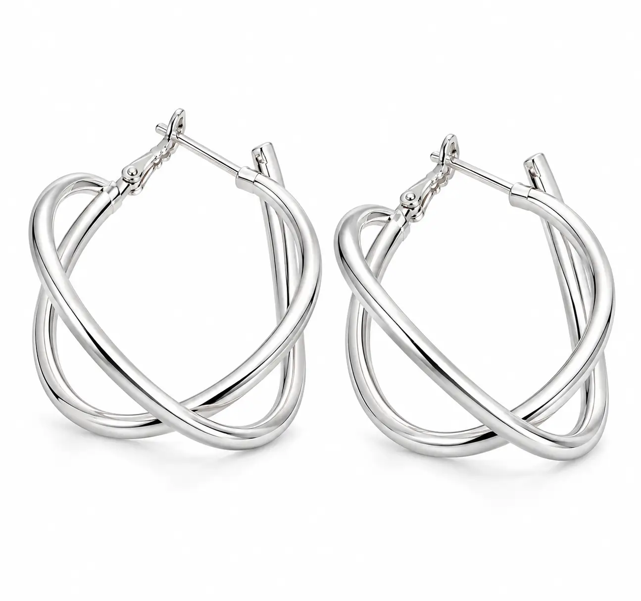 Silver Crossover Twisted Hoop Earrings - Image 2