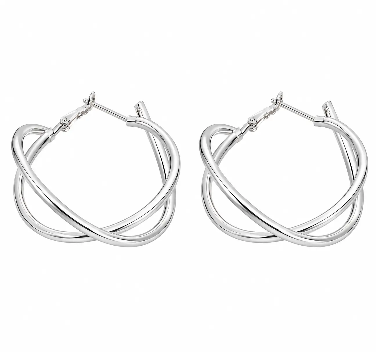 Silver Crossover Twisted Hoop Earrings