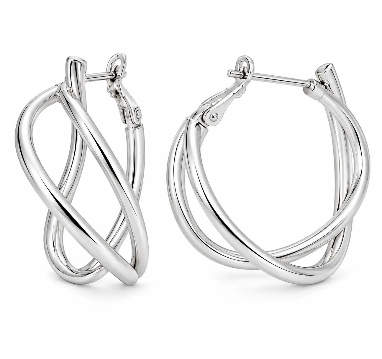 Silver Crossover Twisted Hoop Earrings - Image 6