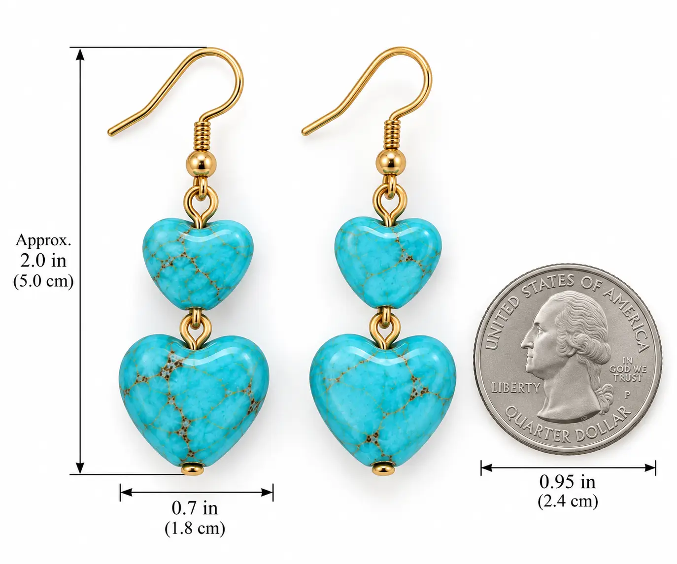 Double Turquoise Heart Dangle Earrings - Image 7