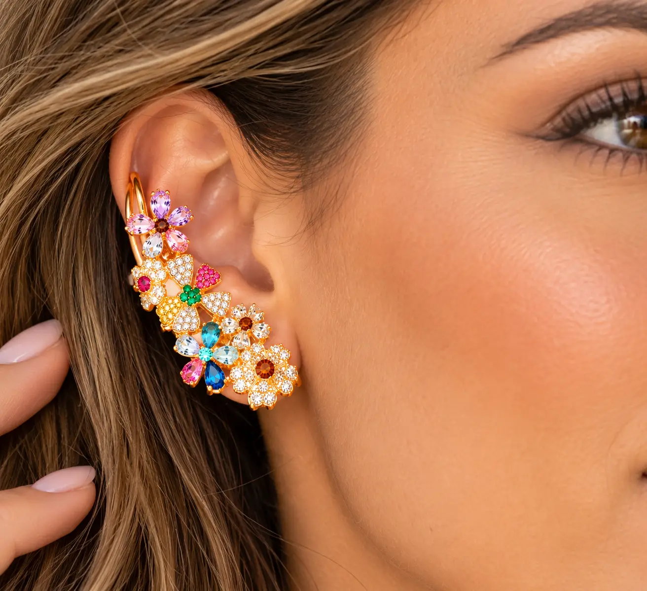 "Aria Multicolor Crystal Floral Ear Cuffs" - Image 9
