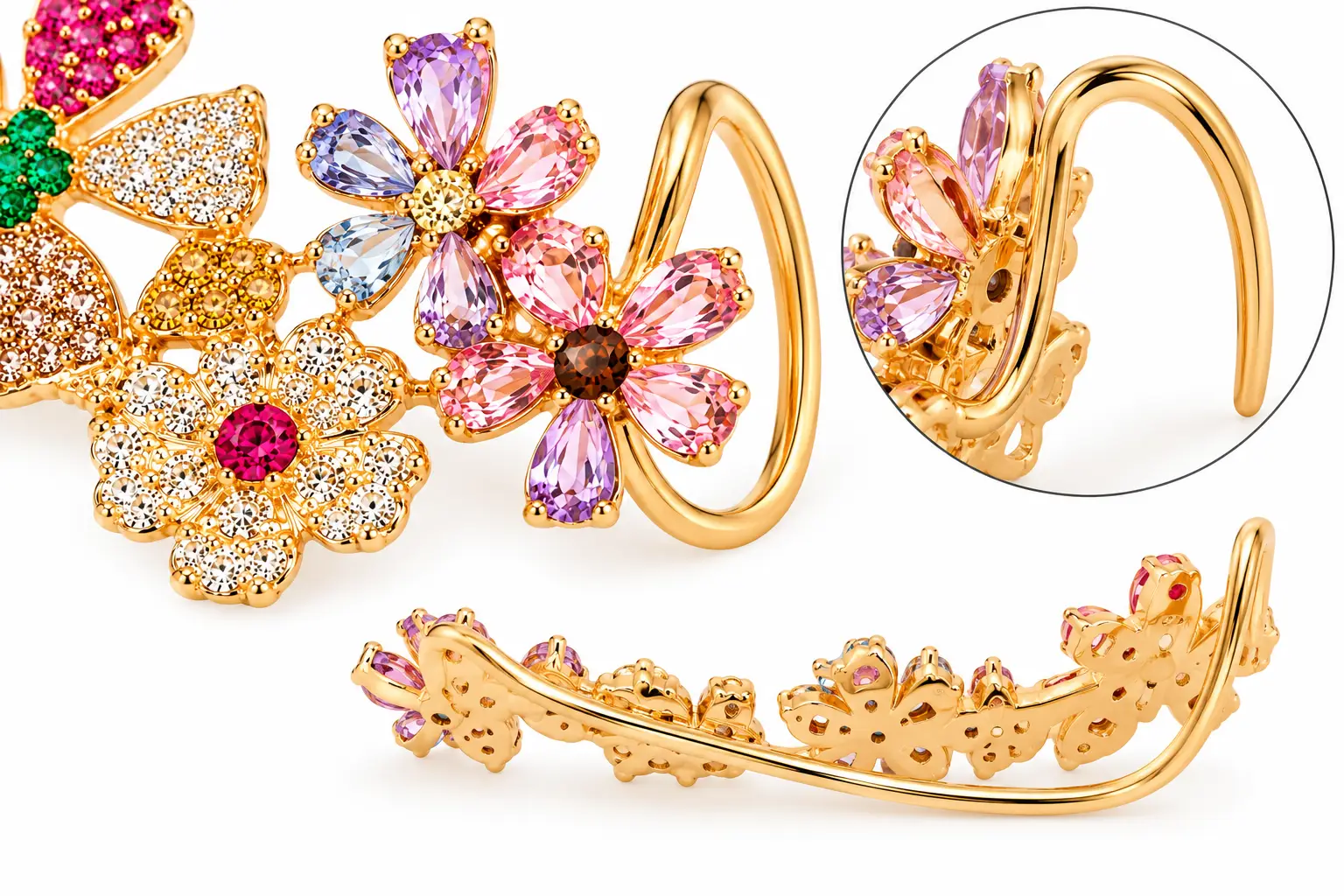 "Aria Multicolor Crystal Floral Ear Cuffs" - Image 5