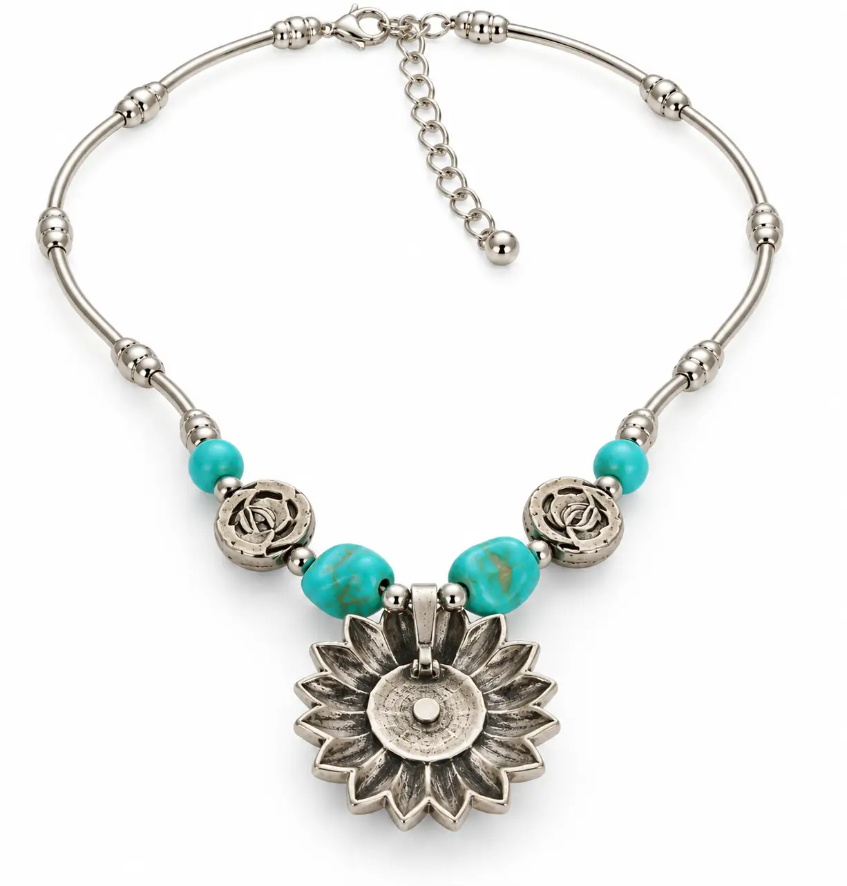 Vintage Southwestern Turquoise and Silver Sunflower Statement Necklace - Image 3