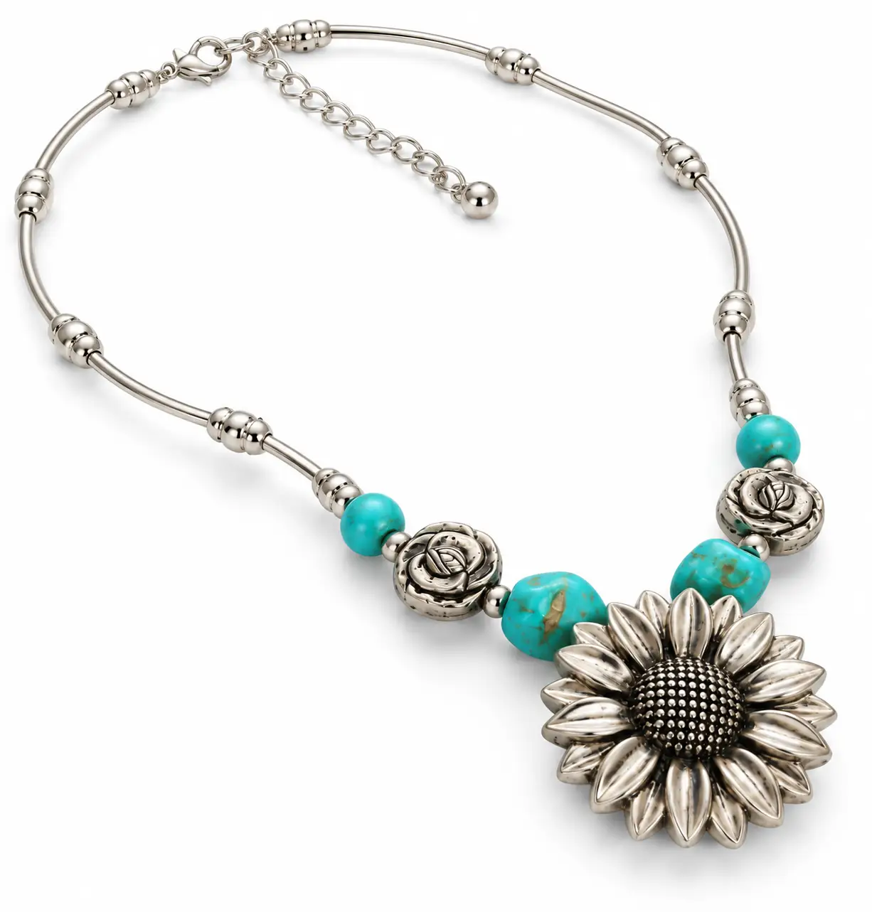 Vintage Southwestern Turquoise and Silver Sunflower Statement Necklace - Image 2