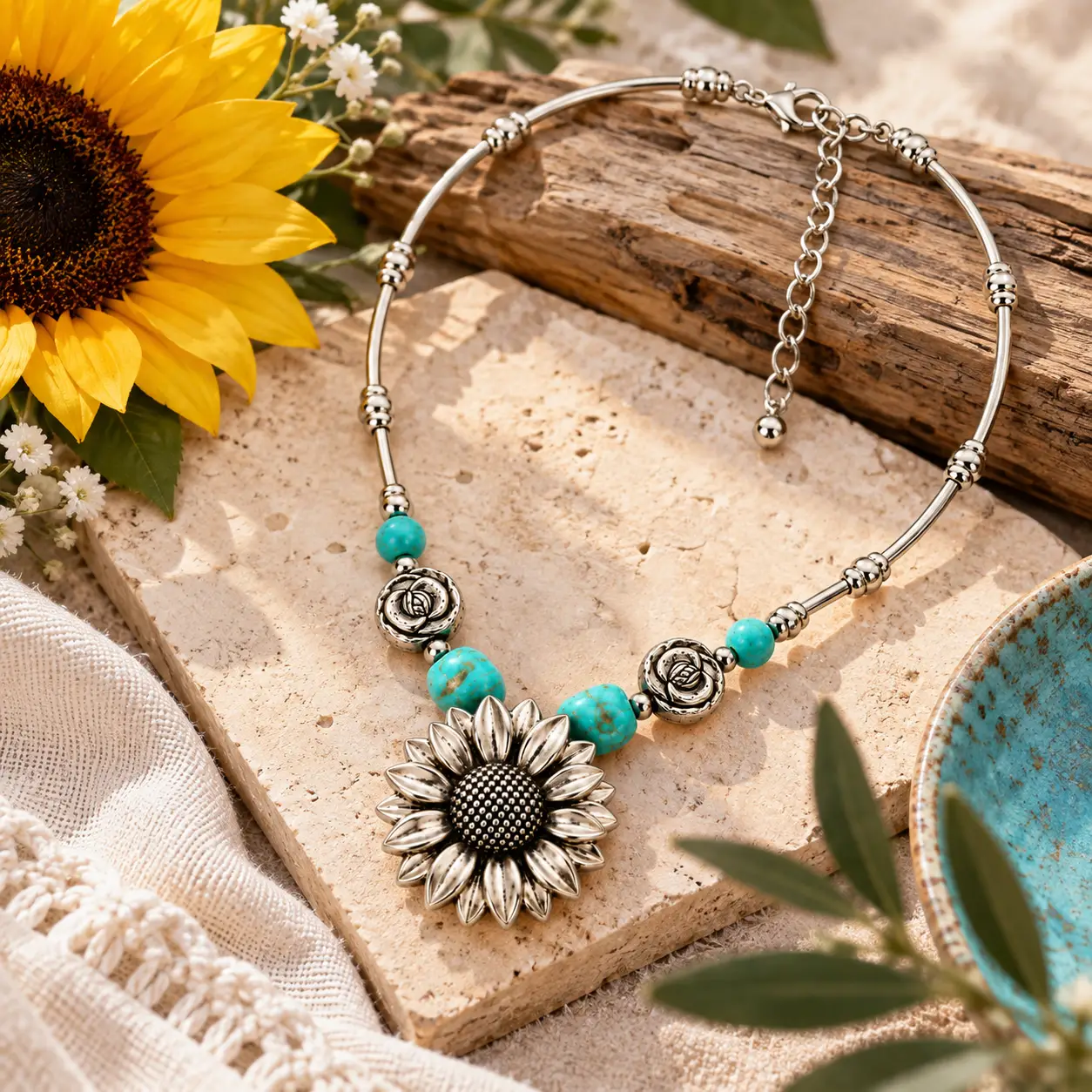 Vintage Southwestern Turquoise and Silver Sunflower Statement Necklace - Image 10