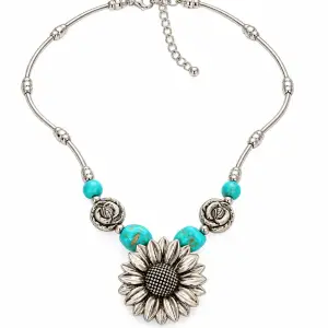 Vintage Southwestern Turquoise and Silver Sunflower Statement Necklace