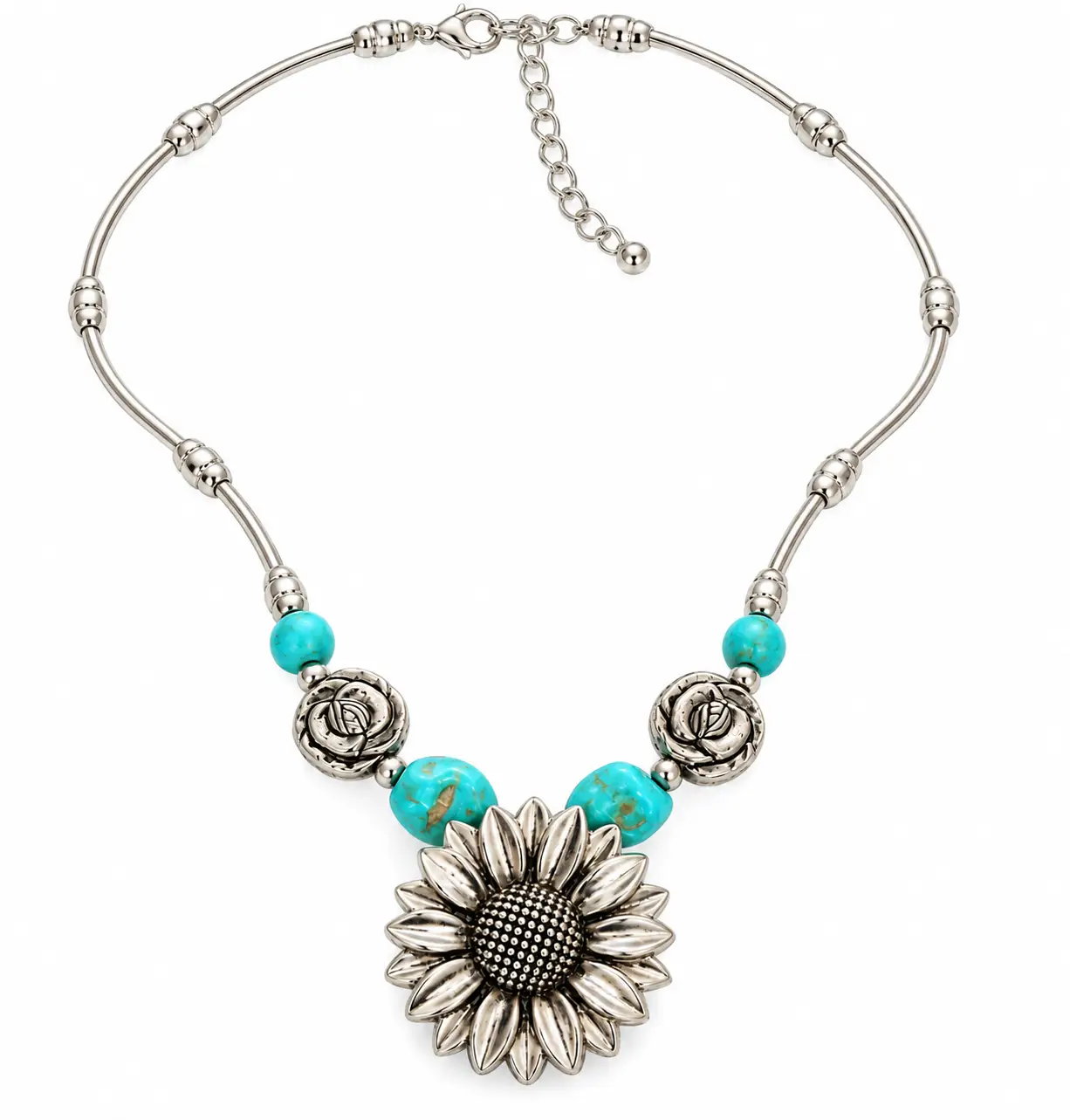 Vintage Southwestern Turquoise and Silver Sunflower Statement Necklace