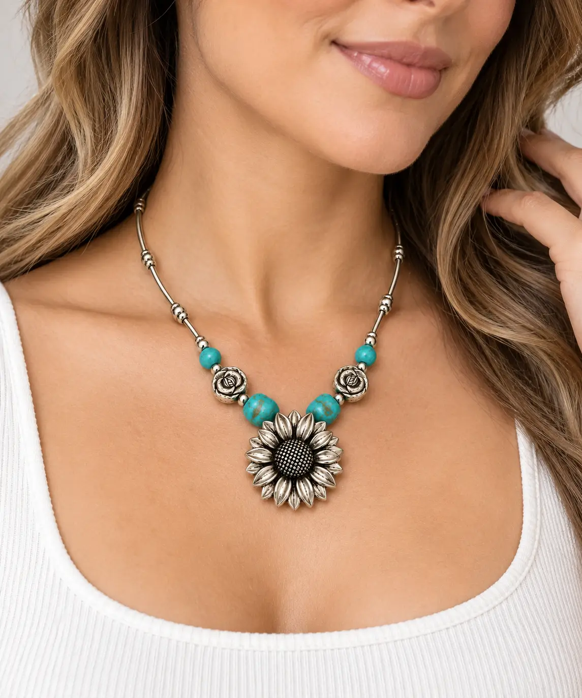 Vintage Southwestern Turquoise and Silver Sunflower Statement Necklace - Image 9
