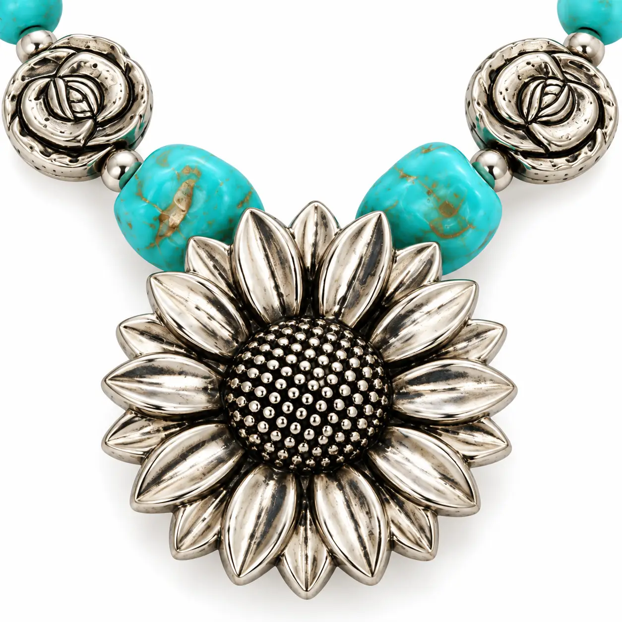 Vintage Southwestern Turquoise and Silver Sunflower Statement Necklace - Image 4