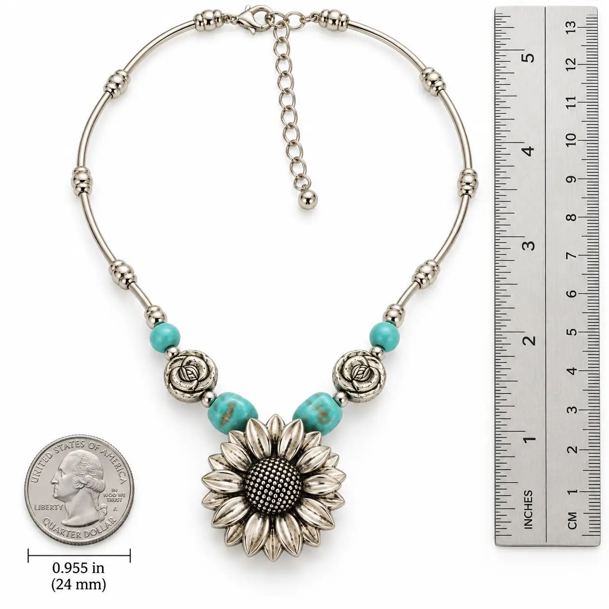 Vintage Southwestern Turquoise and Silver Sunflower Statement Necklace - Image 8