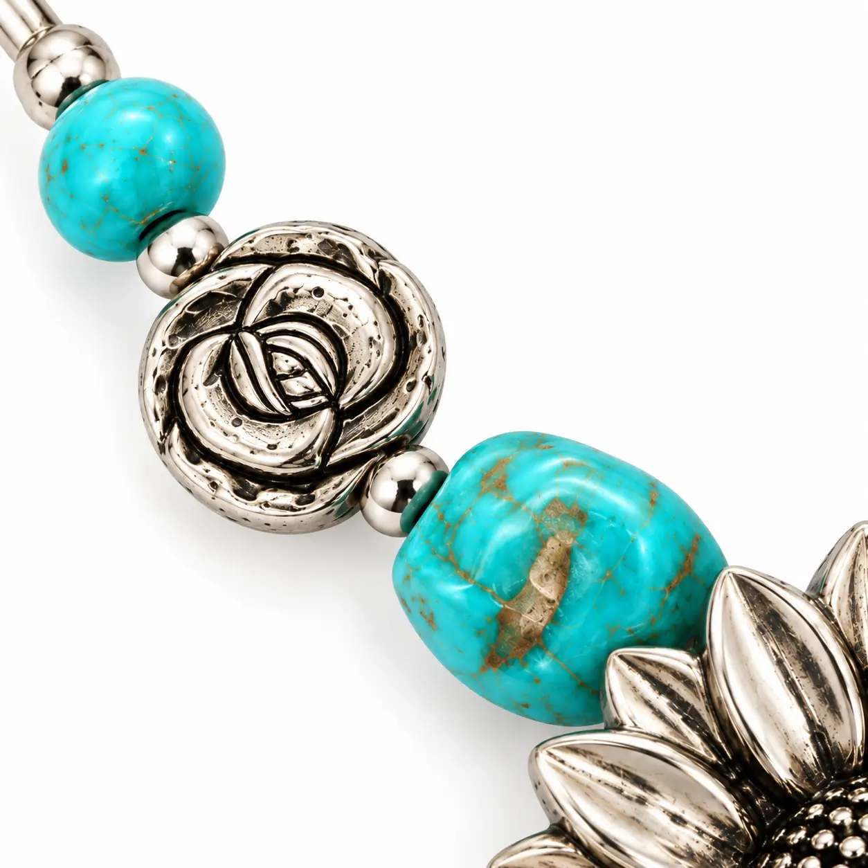 Vintage Southwestern Turquoise and Silver Sunflower Statement Necklace - Image 5