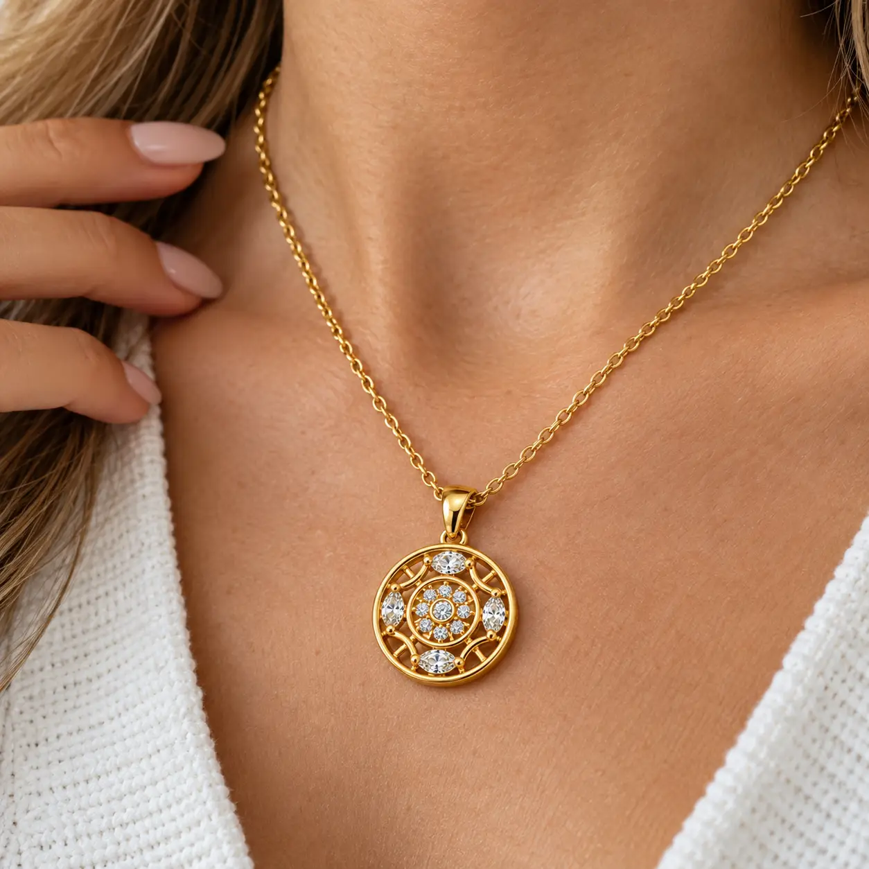 Revital & Renew Gold Mandala Filigree Pendant Necklace with Clear Crystals - Image 12