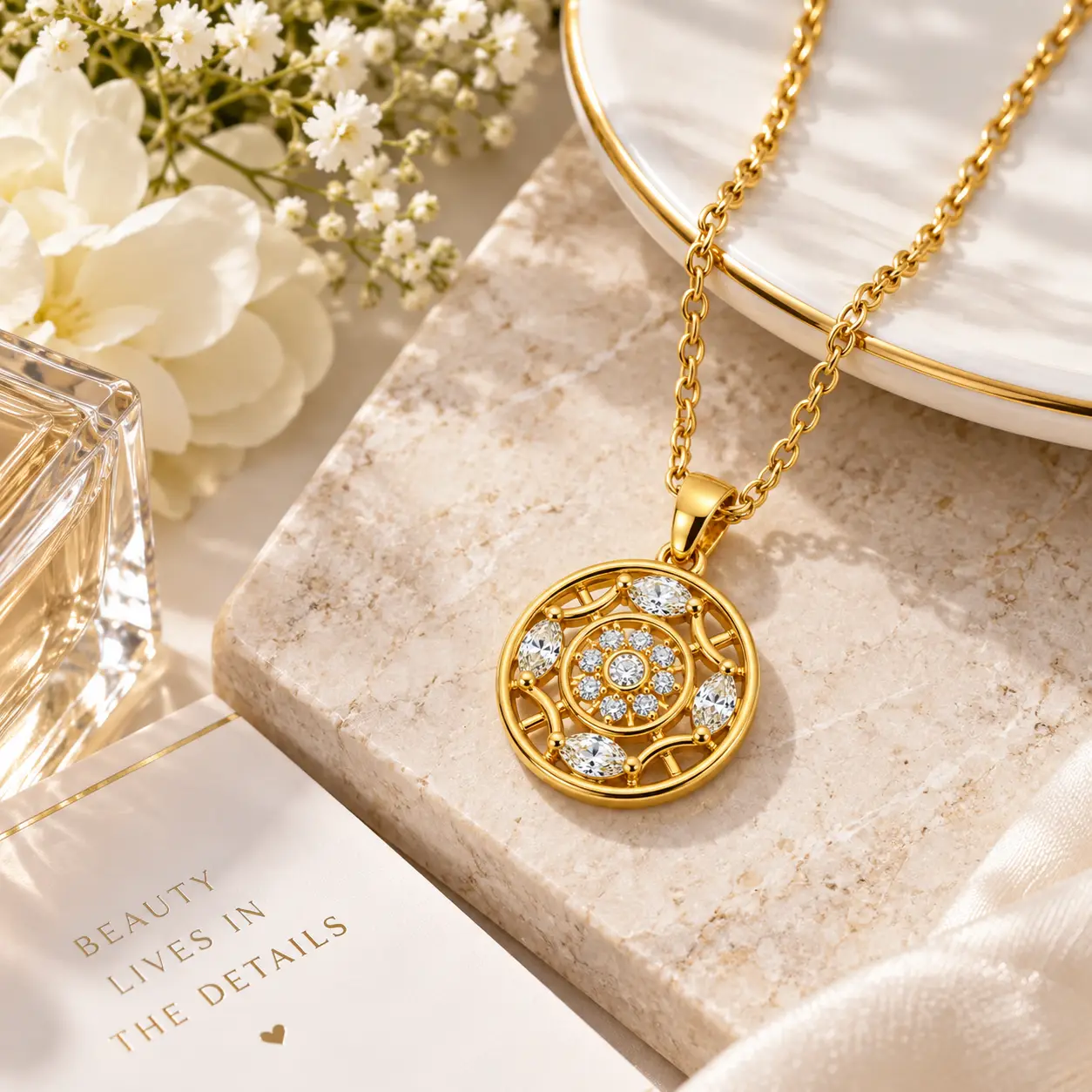 Revital & Renew Gold Mandala Filigree Pendant Necklace with Clear Crystals - Image 11