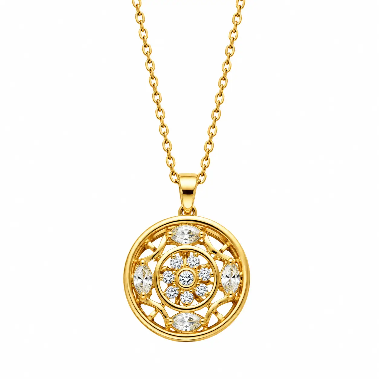 Revital & Renew Gold Mandala Filigree Pendant Necklace with Clear Crystals