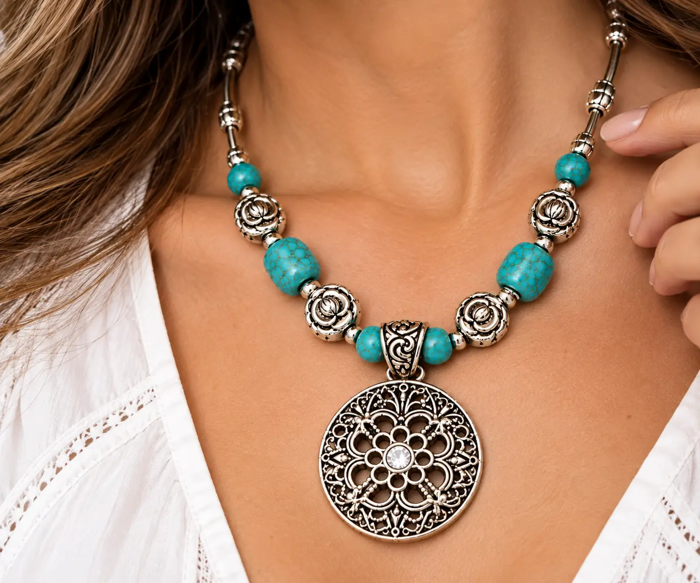 Revital & Renew Bohemian Turquoise & Antique Silver Filigree Pendant Necklace - Image 11
