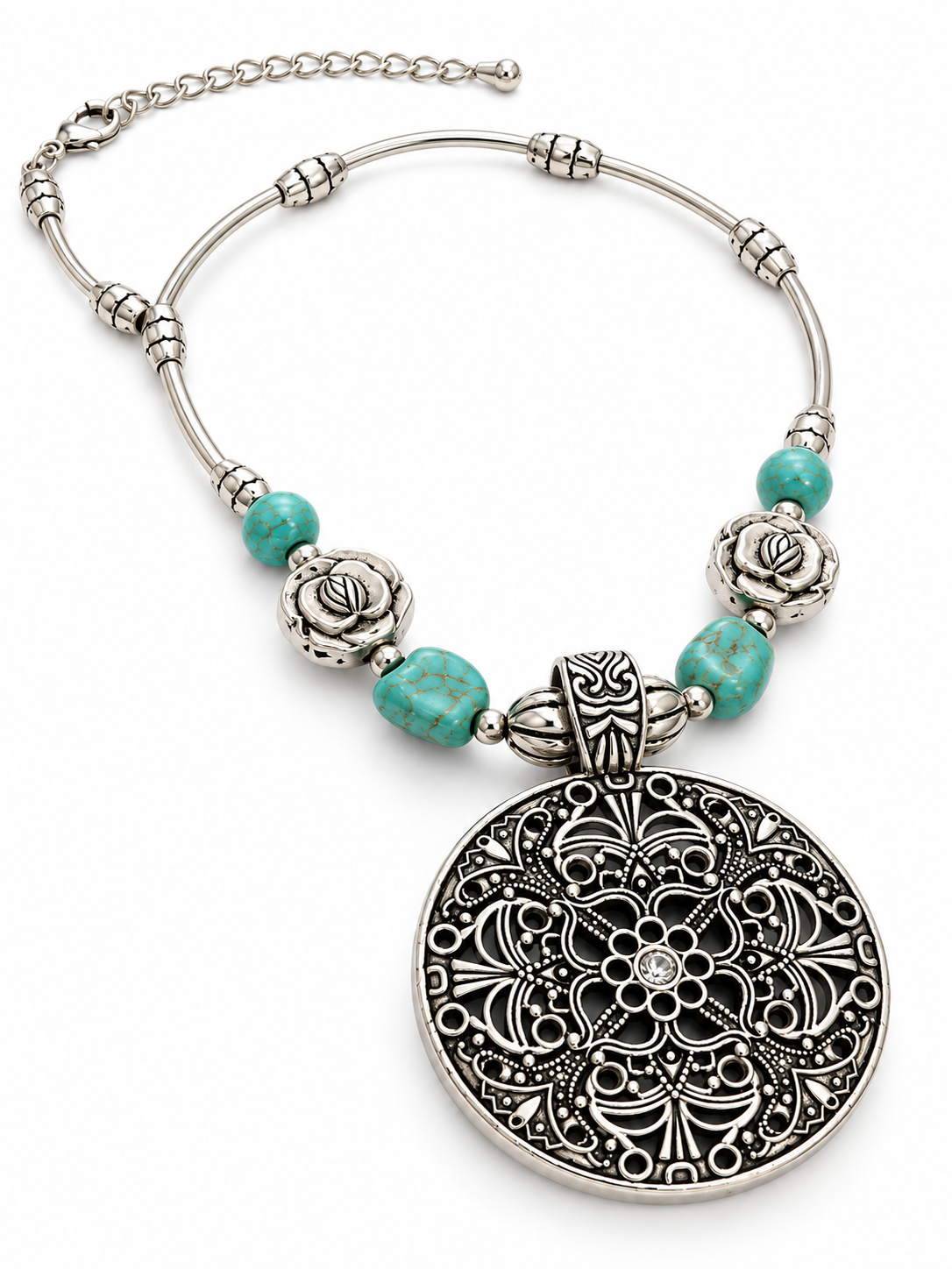 Revital & Renew Bohemian Turquoise & Antique Silver Filigree Pendant Necklace - Image 2