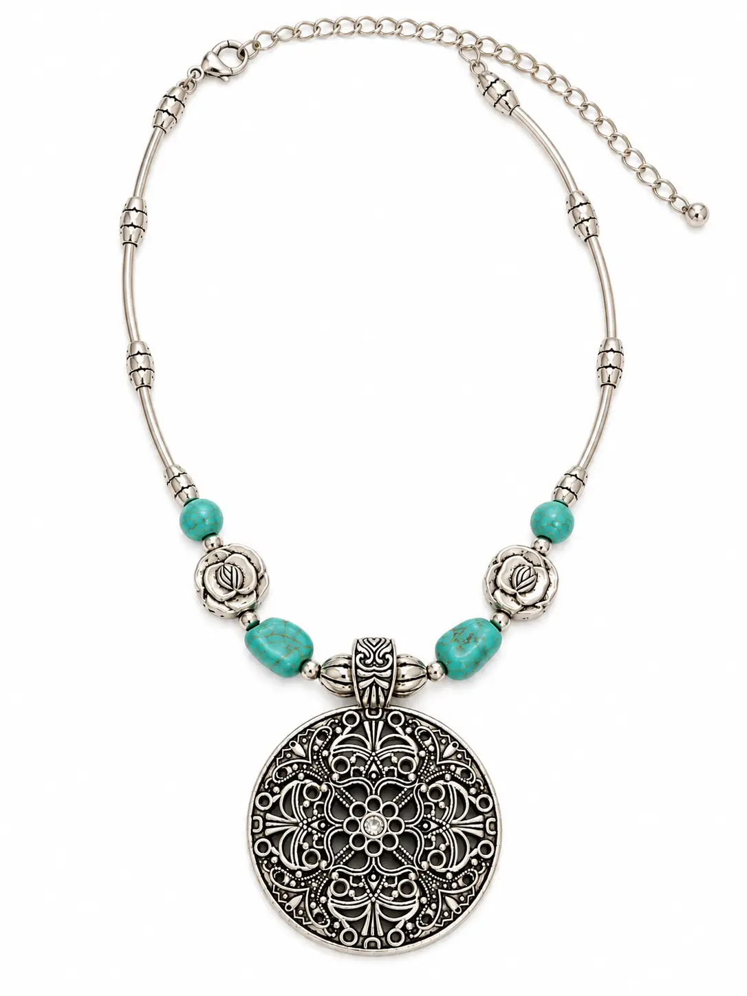 Revital & Renew Bohemian Turquoise & Antique Silver Filigree Pendant Necklace - Image 3