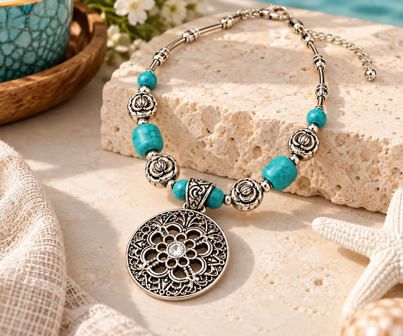 Revital & Renew Bohemian Turquoise & Antique Silver Filigree Pendant Necklace - Image 14