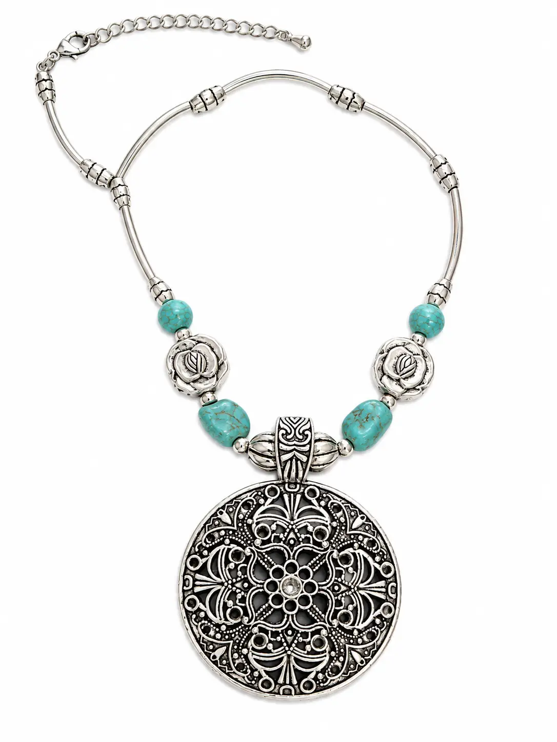 Revital & Renew Bohemian Turquoise & Antique Silver Filigree Pendant Necklace