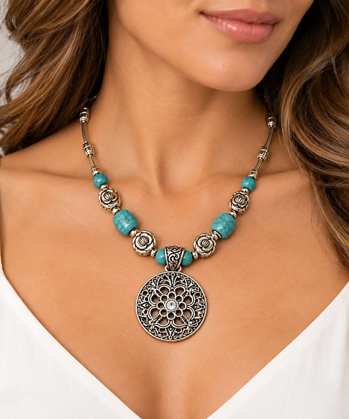 Revital & Renew Bohemian Turquoise & Antique Silver Filigree Pendant Necklace - Image 10