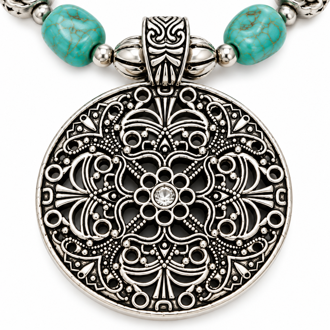 Revital & Renew Bohemian Turquoise & Antique Silver Filigree Pendant Necklace - Image 4