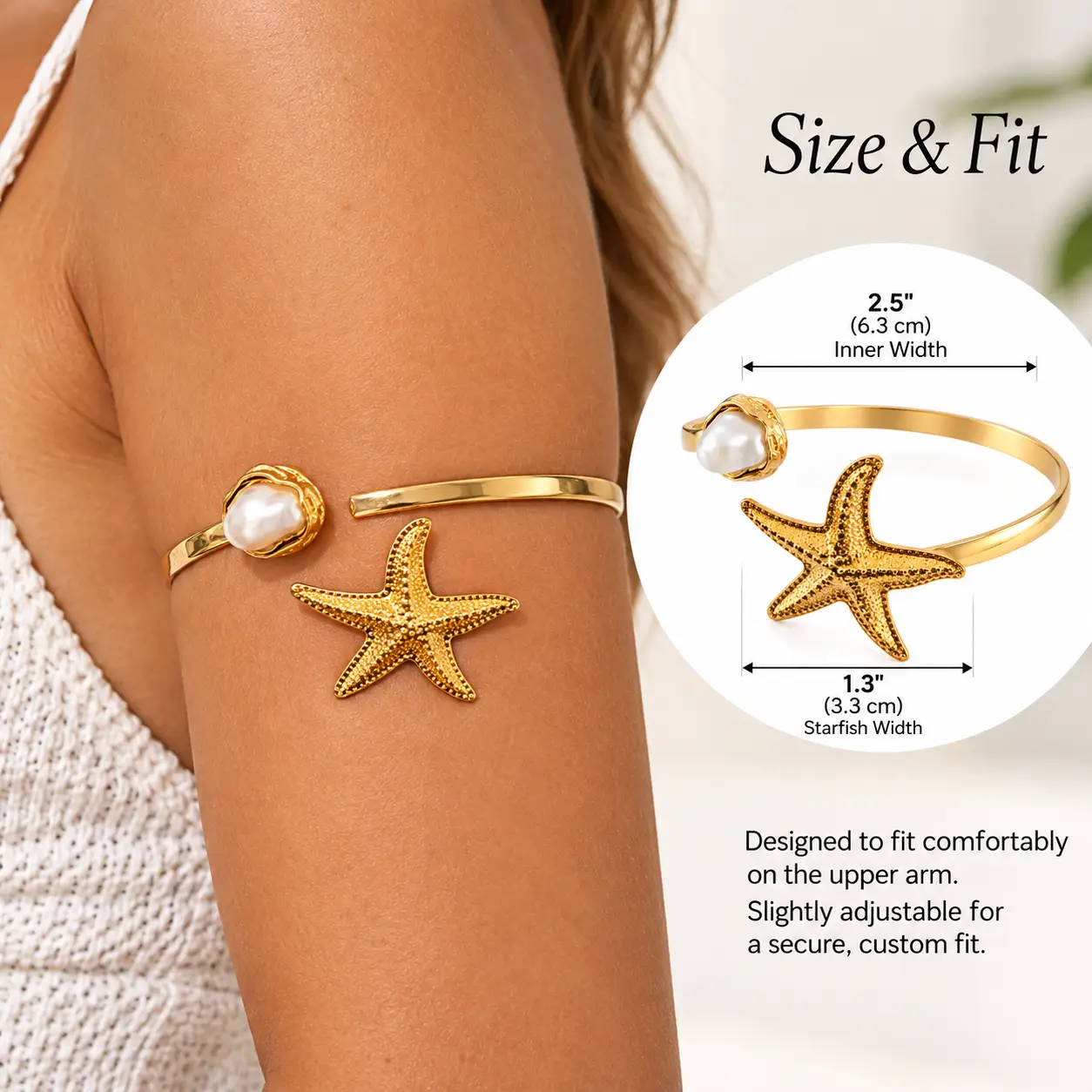 Revital & Renew Gold Starfish Pearl Arm Cuff – Adjustable Upper Arm Bracelet - Image 6