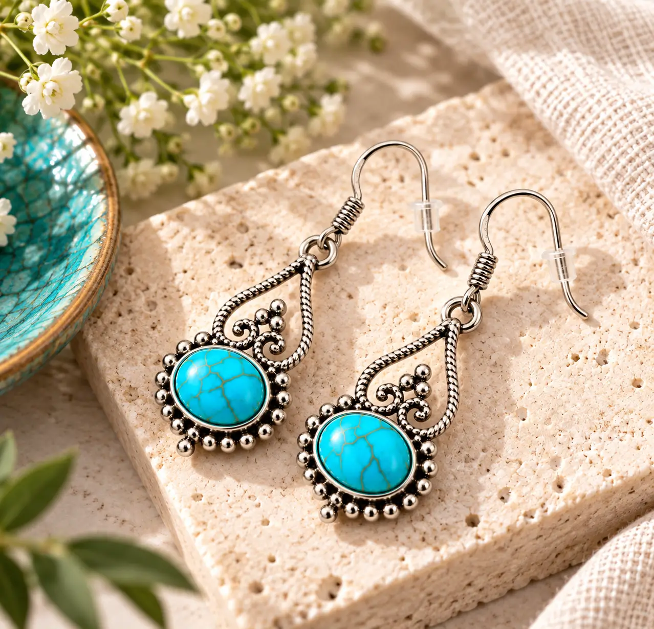 Turquoise Gold Filigree Dangle Earrings - Image 7