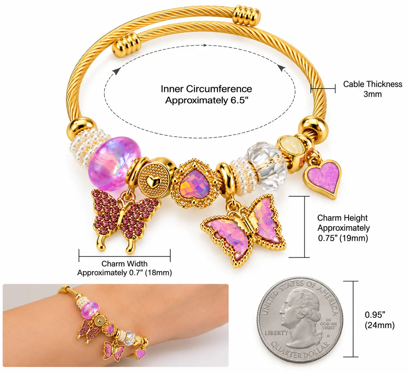 Revital & Renew Whimsical Pink Butterfly Gold Cable Charm Bracelet - Image 7